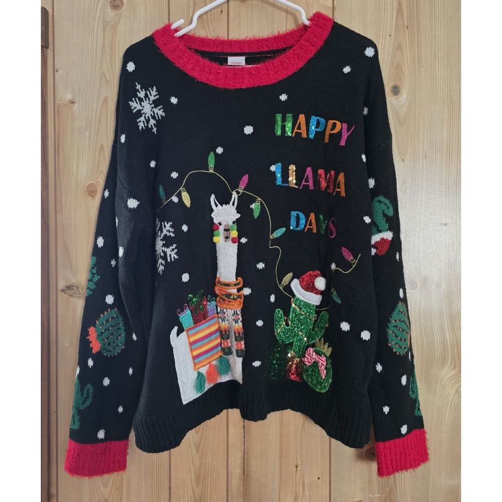 Holiday Time Womens L 12-14 Happy Llama Days Ugly Christmas Sweater Cactus 3D